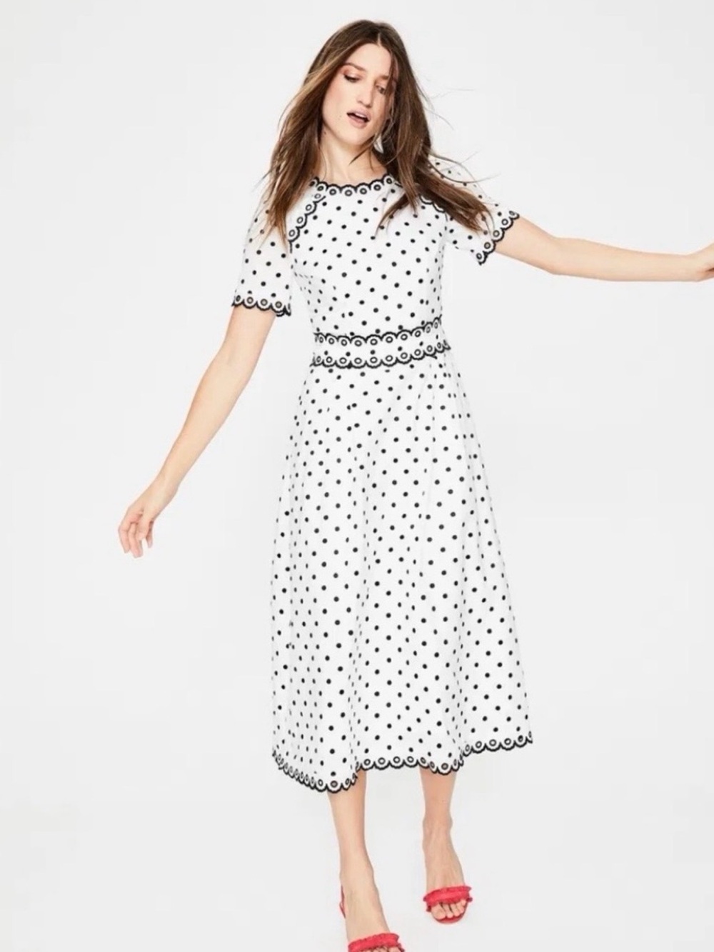 BODEN Kimberly Embroidered White with Navy Polka Dots Dress UK 10R / US 6R